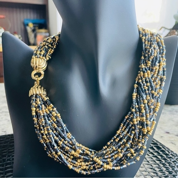 Vintage Art Deco Multi-Strand Gold & Black Seed Bead Torsade Statement N… - Picture 1 of 7